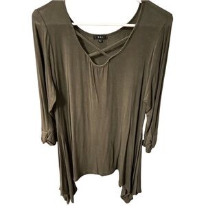K & C Green Lagenlook Tunic Cross-Neck Detail Quarter-Sleeve Blouse Top